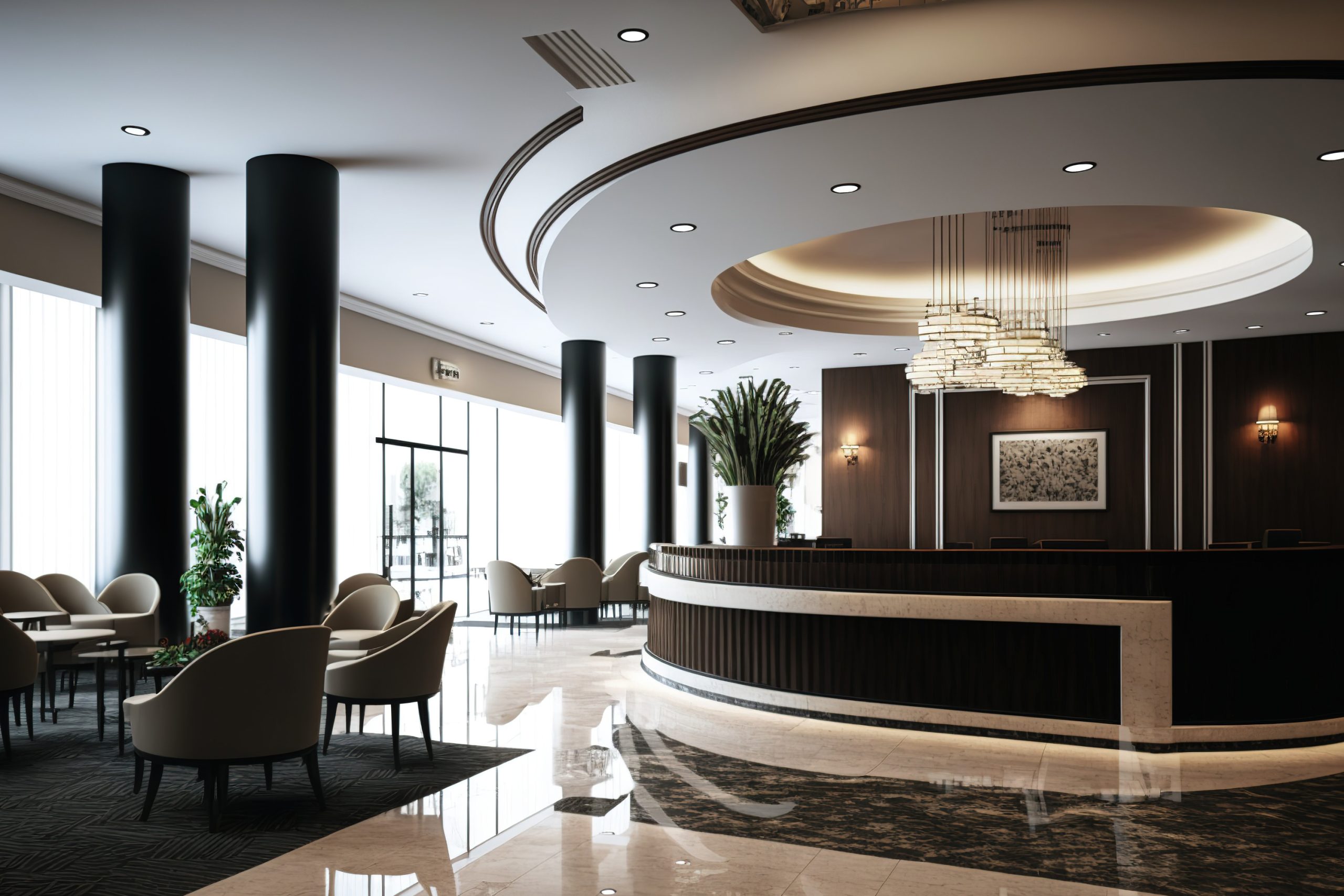 Interior of a hotel lobby with a large bar, armchairs, marble floor, and a reception desk